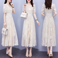 Шифоновое летнее платье, приталенная длинная юбка, в корейском стиле, яркий броский стиль, средней длины