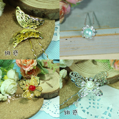 taobao agent Wedding dress, doll head, hair accessory, Chinese hairpin from pearl, modified crystal with accessories with butterfly, Korean style