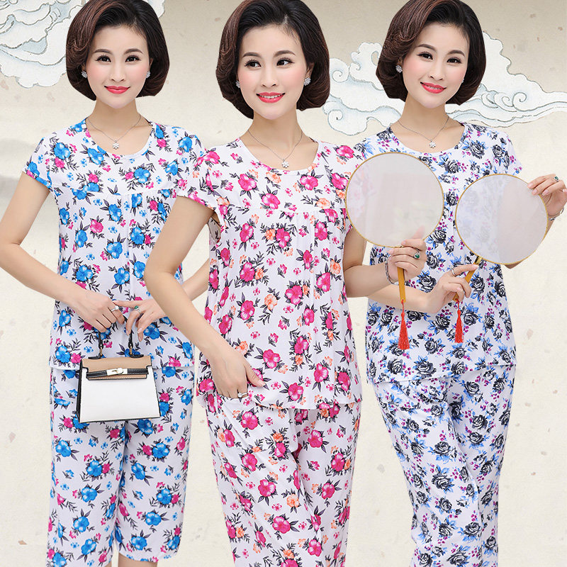 Trung niên nữ mùa hè ăn mặc mẹ nạp bông lụa hai mảnh 30-40-50 tuổi phụ nữ trung niên của dịch vụ nhà đồ ngủ bộ