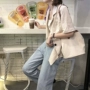 Hàn Quốc phiên bản đơn giản giản dị áo sơ mi ngắn tay áo + eo cao là mỏng lỏng hoang dã rộng chân jeans hai mảnh phụ nữ áo vest nữ hàn quốc