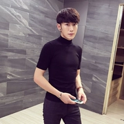 New solid color nửa cao cổ áo đáy áo Slim nam áo len nửa tay t-shirt tee áo thun nam quần áo