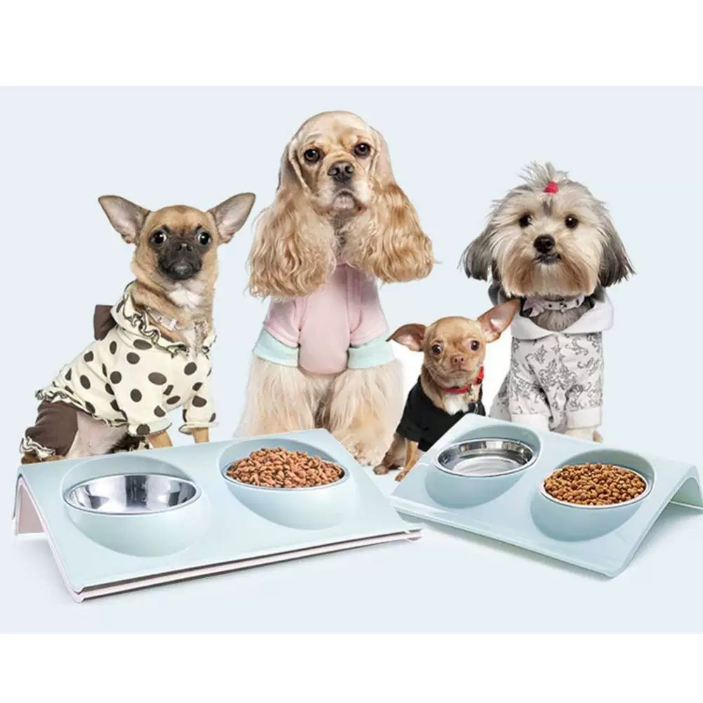 [Double Dog Cat Bowls Stainless Steel Pet Food Water Feeder]