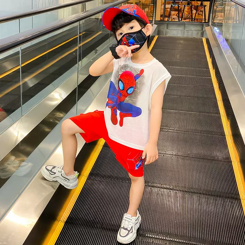 Cậu bé áo vest người nhện phù hợp với nước ngoài trẻ em đẹp trai trẻ em mùa hè quần áo thể thao thủy triều không tay trẻ em mùa hè - Bộ đồ