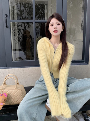 taobao agent Yellow knitted autumn demi-season fitted cardigan with zipper with hood, short jacket
