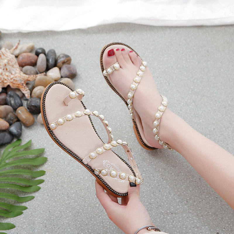 仙女风百搭平底凉鞋穿着舒适,超轻,逛街不累脚,宽松舒适不挤脚,珍珠