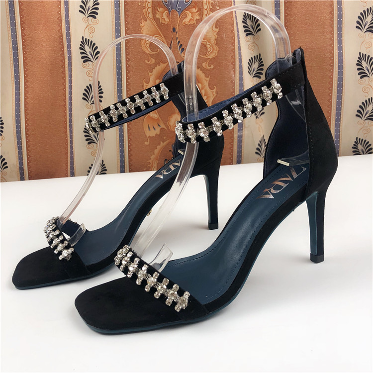 Black 8.5CmSpain Z home summer new pattern rhinestone Barefoot Word band zipper Fine heel high-heeled shoes Suede sexy Sandals female