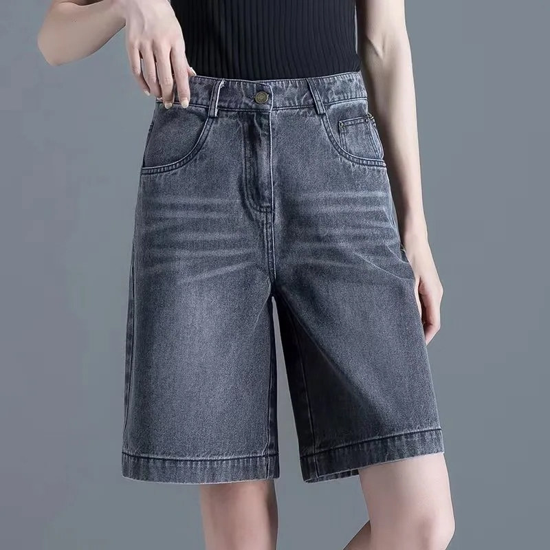 High-waisted loose wide-leg five-inch denim shorts for women's summer, a slim 2022 new style wide-leg mid-length pants