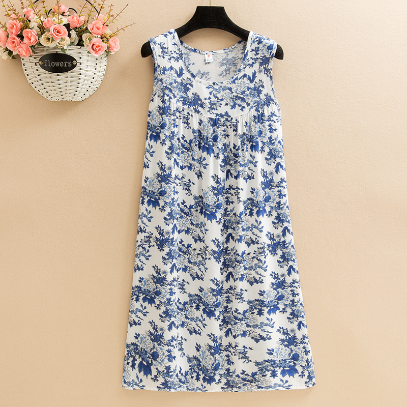 Lake Bluepoplin  Dress mom summer wear Nightdress Medium and long term Big size Fat mm easy robe Middle aged and elderly leisure wear vest