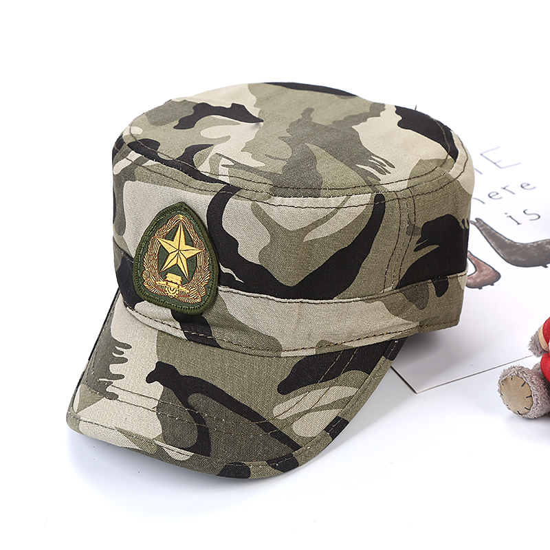 Camouflage & Five Pointed Star Of Flat Top National EmblemBaseball cap female Sun hat camouflage peaked cap outdoors man service cap Sun hat Military training motion Hat Korean version tide