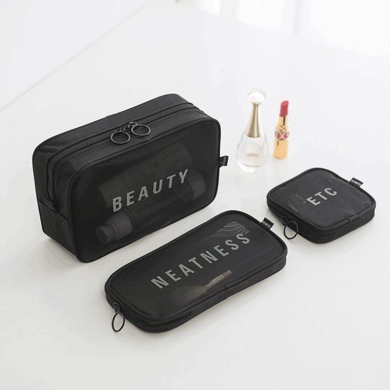 Black Three Piece Setthe republic of korea new pattern Travelling bag trumpet Portable Storage bag With you Mini ma'am Cosmetic Bag transparent Netting Wash bag