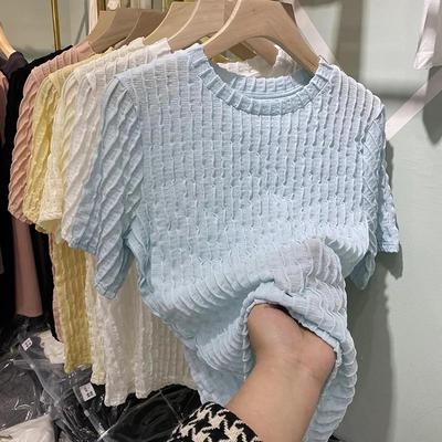 欧洲站2021新款欧货褶皱T恤女短袖夏季设计感小众打底衫上衣潮ins