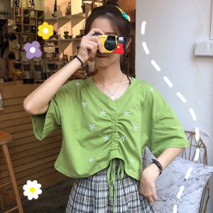 法式设计感抽绳V领刺绣上衣女夏季短款洋气高腰显瘦露脐短袖t恤女