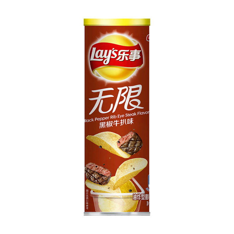 [6 Cans] Black Pepper Steak Flavor 104GLay’s Lay's infinite Potato chips 104g Drum  Cucumber lime barbecue tomato braised pork in brown sauce Black pepper Steak Original taste