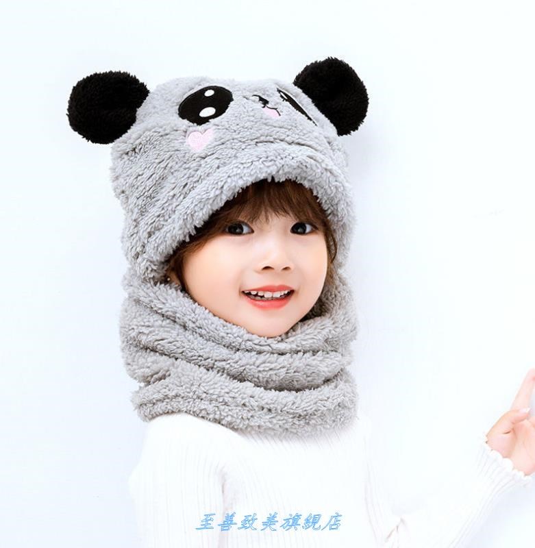 Grey (Bear Ears)baby Hat and scarf girl Autumn and winter Neck cover fashion Conjoined body child Plush Windbreak children Hat 。