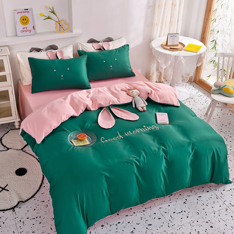 Style 8real silk Ice smooth Solid color Two color Rabbit ears summer quilt Sleep naked Princess style Sheet and fitted sheet piece cover pillow case Four piece suit