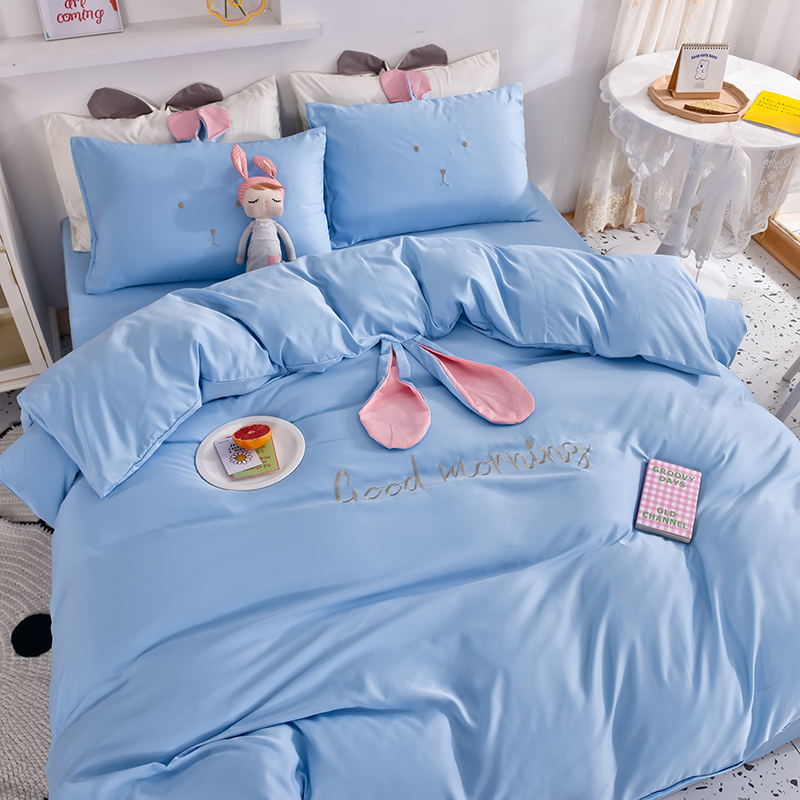 Style 2real silk Ice smooth Solid color Two color Rabbit ears summer quilt Sleep naked Princess style Sheet and fitted sheet piece cover pillow case Four piece suit