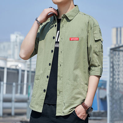 100%纯棉水洗衬衫男士短袖休闲工装港风帅气宽松男生口袋中袖衬衣