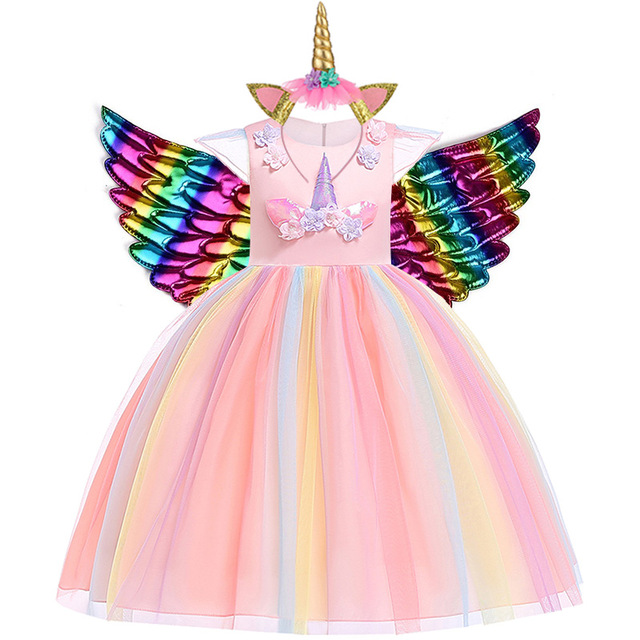 Shrimp&pinkcostume Christmas Girl Rainbow Unicorn Dress Kids Birthday