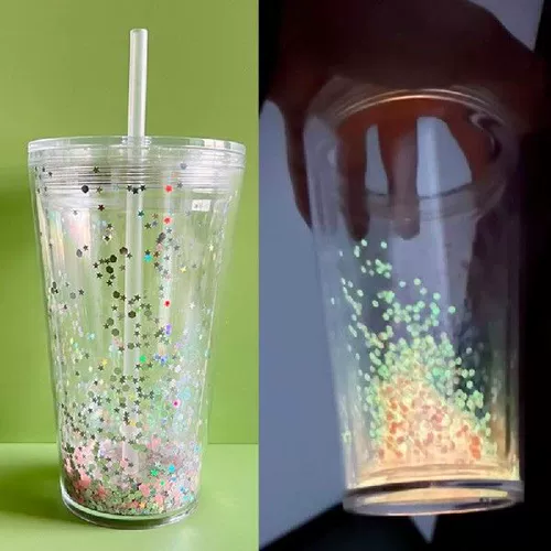 New Double Layer Straw Cup Girls Water Bottle Glitter