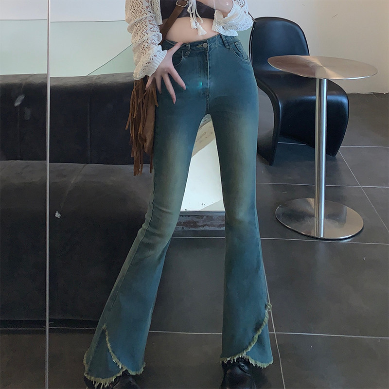 Retro blue slightly flared jeans for women, 2022 new autumn high-waisted, slimming design split wide-leg trousers