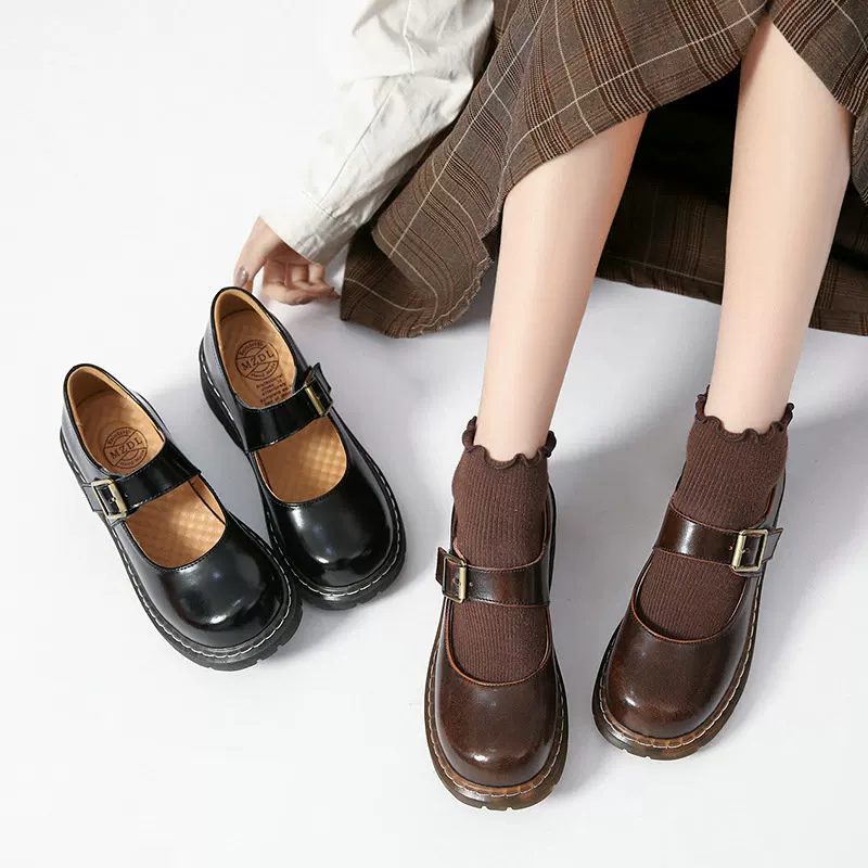 [Mary Jane Shoes Thick-soled Cowhide Lather Shoes Women Retro]