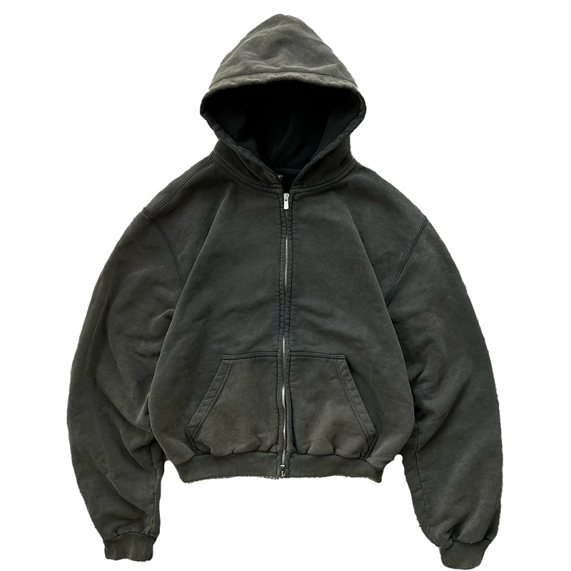 Худи с короткой молнией Triple Black Zip-Up, капюшоны, скрытая стирка, выцветание, с капюшоном, Sweire