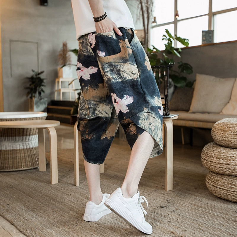Quần dài phong cách Trung Quốc vải lanh in quần nam lỏng lẻo bảy điểm quần nam cộng với quần short béo XL - Quần short