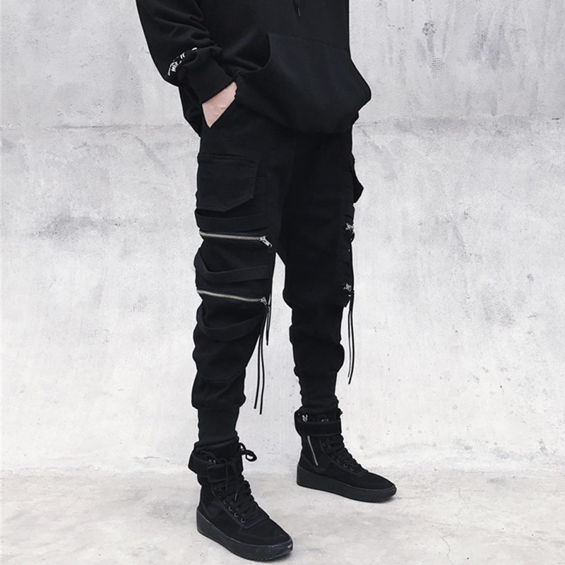 Guochao overalls men's fashion brand zipper decorative ribbon fashion legged narrow leg pants Street hip hop Hip Hop Pants