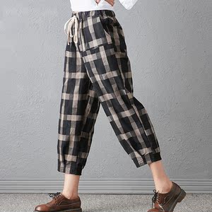 Văn học Fan cotton và linen chín quần của phụ nữ vành đai đàn hồi eo thoải mái hoang dã thường kẻ sọc linen rộng-chân quần harem quần