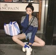 Retro cổng gió chic Hàn Quốc phiên bản của mùa thu 2018 new dài tay áo sơ mi áo khoác khâu lưới loose áo sơ mi nữ Hồng Kông hương vị