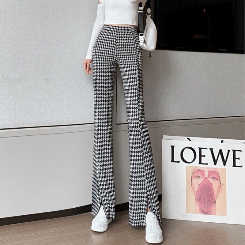 Thousand Birds [Split]2021 Spring and summer new pattern houndstooth  leisure time Micro horn trousers female High waist Show thin Korean version Split Wide leg pants Thin