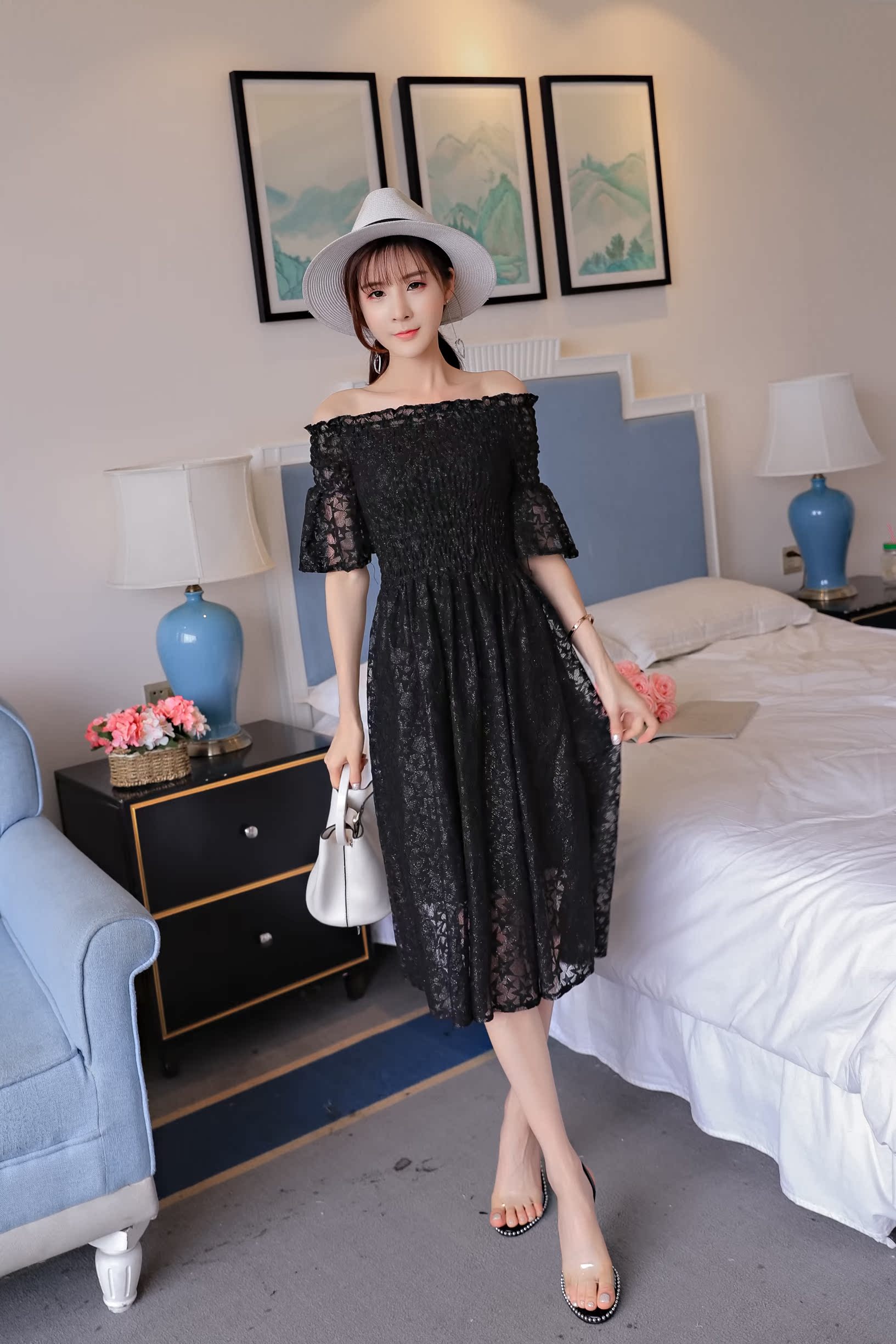 实拍2018夏性感露肩一字肩蕾丝连衣裙女修身显瘦裙聚会礼服裙子