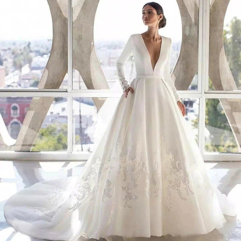 High Quality Satin Long Sleeve Wedding Dresses 2021 Lace Bal