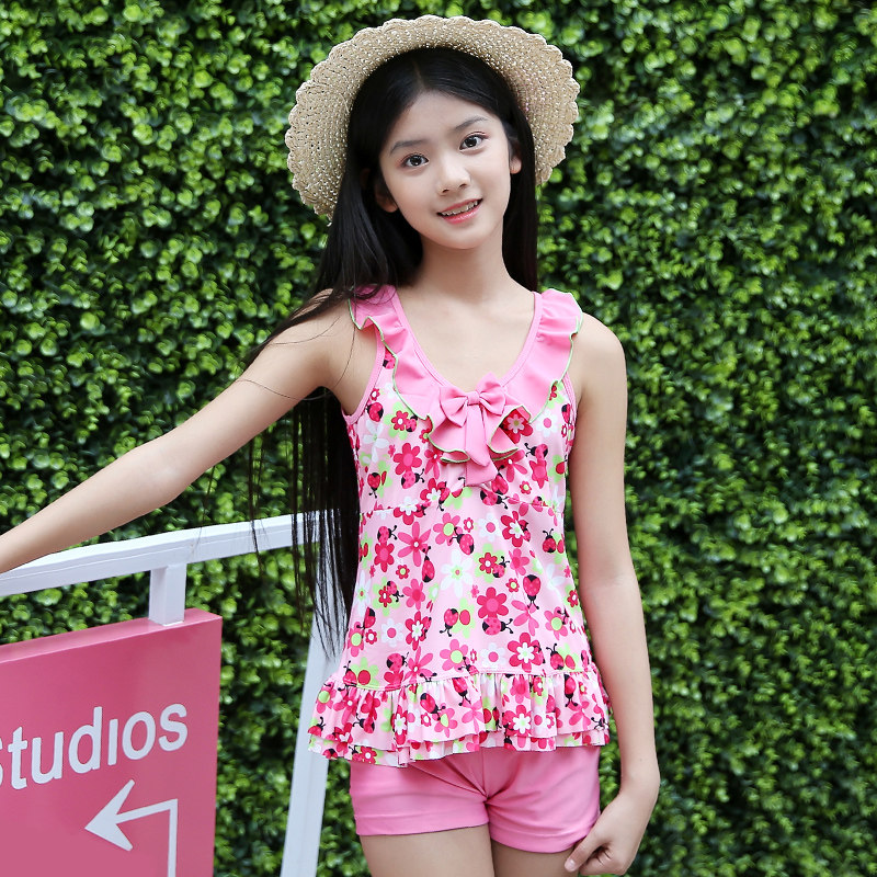 儿童泳衣女孩分体平角裤保守学生泳装宝宝游泳衣女童泳衣中大童