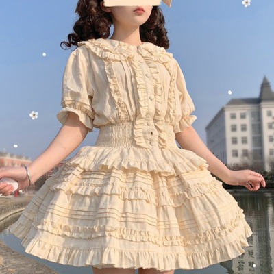 taobao agent Doll, summer bra top, Lolita style, long sleeve, doll collar, puff sleeves, with short sleeve