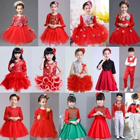Quần áo biểu diễn của trẻ em, khiêu vũ của trẻ em, các cô gái, váy công chúa đỏ, gạc mịn, hợp xướng chủ nhà, trang phục shop trẻ em