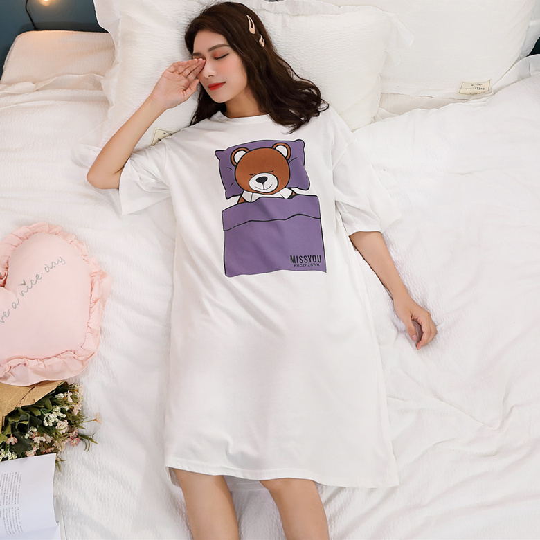 White And Purple Bear SkirtNightdress female summer Thin Short sleeve pure cotton Princess style Korean version easy Big size pregnant woman pajamas Spring and autumn days leisure wear