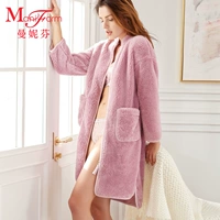 Áo khoác dài mùa thu và mùa đông của cô Mannifen Áo khoác flannel Độ dày mặc nhà 20320311 bộ đồ ngủ