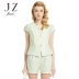 JUZUI 玖 姿 2017 chính thức cửa hàng thị trường nữ mùa hè ăn mặc mới tự trồng retro một nút ngắn tay V-Cổ áo ngắn Áo khoác ngắn