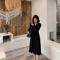 Nữ mùa thu 2018 phiên bản Hàn Quốc mới của thắt lưng cổ chữ V Một chiếc váy dài xù lông dài tay kiểu Pháp đầm xòe công sở