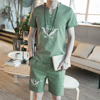 Phong cách trung quốc linen thêu áo mùa hè Trung Quốc trang phục dân tộc nam ngắn tay thanh niên Hanfu Tang phù hợp với nam giới kích thước lớn phù hợp với quần kaki nam