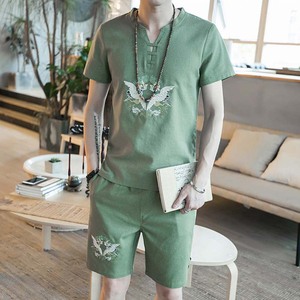 Phong cách trung quốc linen thêu áo mùa hè Trung Quốc trang phục dân tộc nam ngắn tay thanh niên Hanfu Tang phù hợp với nam giới kích thước lớn phù hợp với