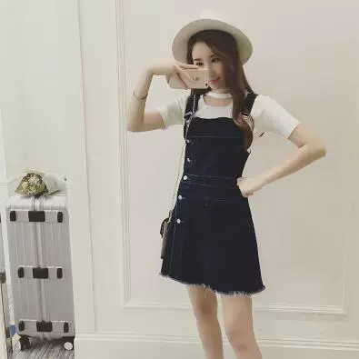 Váy dây denim nữ ulzzang 2018 phiên bản mới xuân hè Hàn Quốc của váy denim dáng dài eo cao eo cao - Váy eo cao