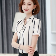 Áo thun nữ tay lửng ngắn tay kẻ sọc 2018 hè mới Hàn Quốc áo thun nữ rộng rãi - Áo phông