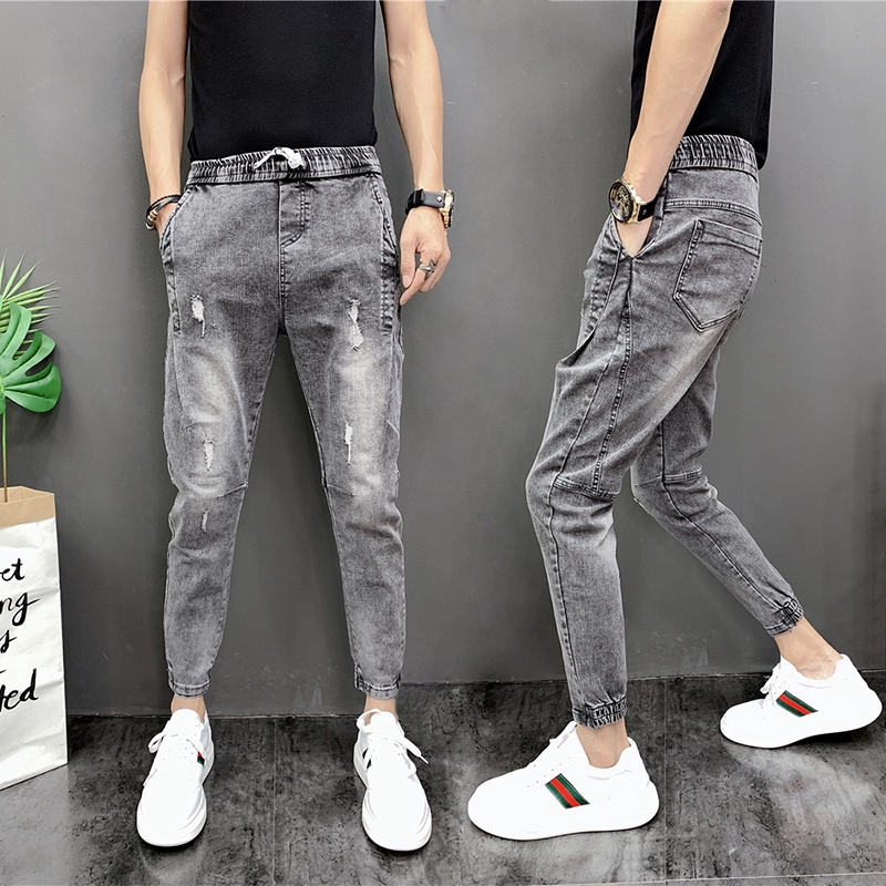 Quần jeans nam 9 điểm mùa hè phiên bản Hàn Quốc của quần Slim-fit chân thủy triều quần nam chín điểm quần rách quần âu - Quần jean