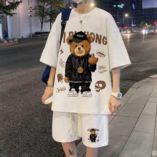 华夫格套装男夏季ins小熊设计感t恤短袖短裤