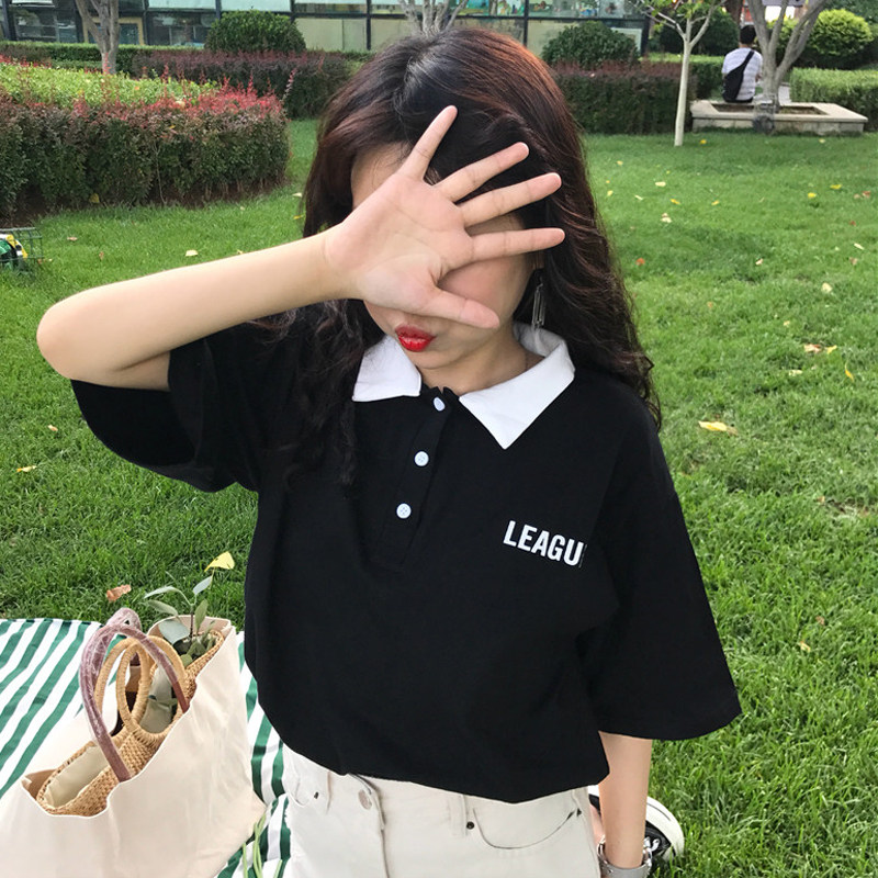 Mùa hè cao đẳng gió polo màu sắc tương phản cổ áo cơ bản letter in ngắn tay T-Shirt nữ sinh viên lỏng áo triều