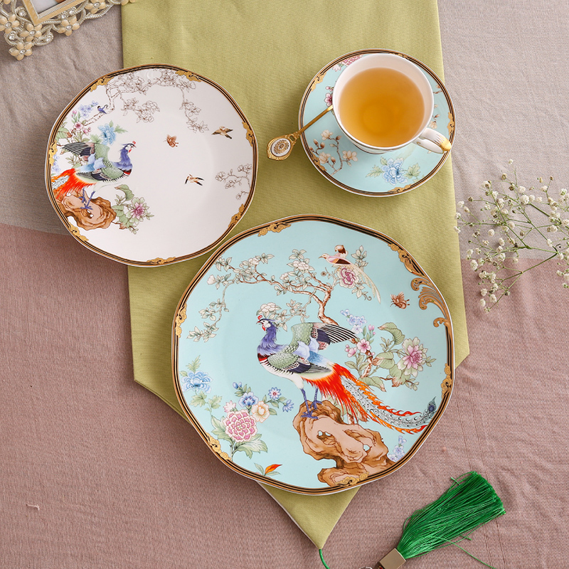 1 Cup 1 Dish Spoon + 8.5 Inch Plate 10.5 Inch PlateNew Chinese style Chinese style National tide coffee cup suit British style Small luxurious ceramics household good-looking afternoon tea tea set
