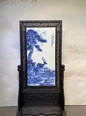 росписи фарфора 王步作品红木镶瓷板画青花鹿鹤同春插屏屏风 高180厘米宽90厘米cb