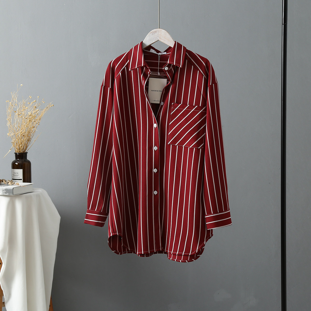 6551 实拍 定价不能低于69元 宽松垂感长袖衬衣条纹衬衫 酒红色